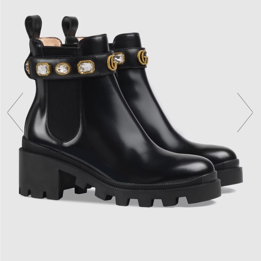 Gucci Rhinestone Leather Ankle Boot With Belt